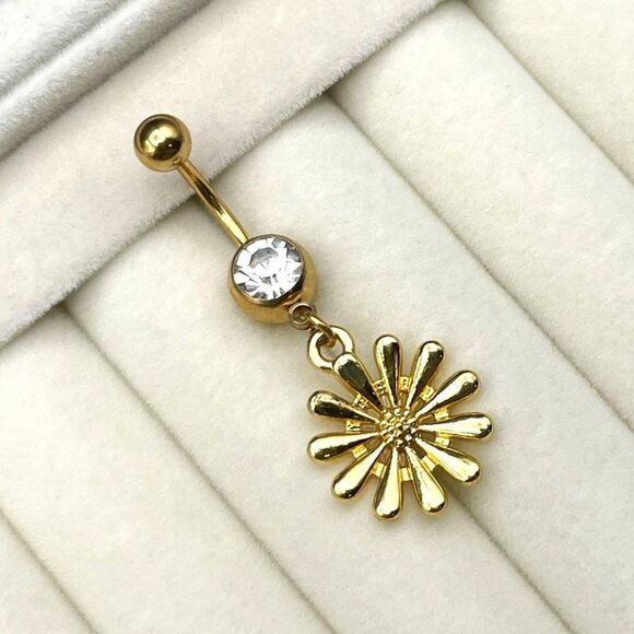 316L Stainless Steel with White Diamond Cubic Zirconia Daisy Flower Belly Ring - Picture 3 of 7